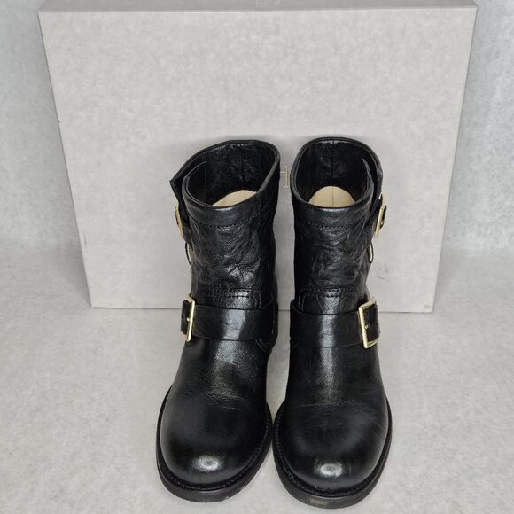 Jimmy Choo Black Biker Leather Unlined Belted Boots BKU 247 with Box Size 37/6.5 - Picture 3 of 10